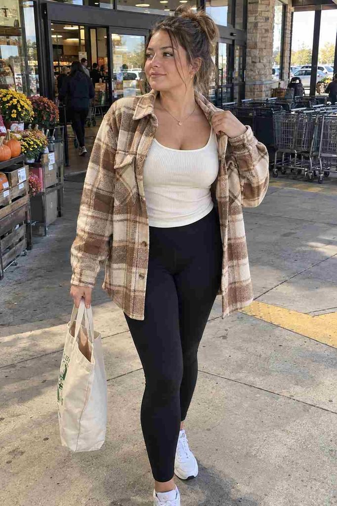 Shacket over a ribbed tank with leggings
