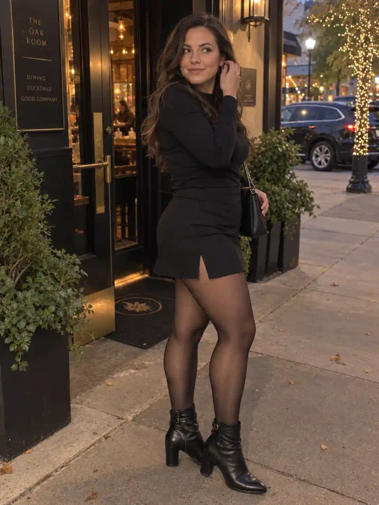 Sheer tights and heeled boots