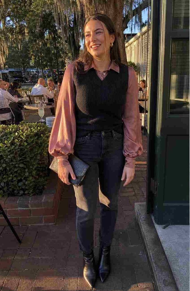 Silk blouse with puff sleeves under a vest