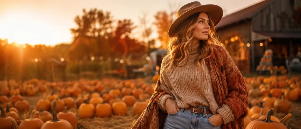 A stylish young woman as the clear visual centerpiece, standing in a beautiful autumn pumpkin patch while wearing a sophisticated aesthetic fall outfit — layered neutral-toned knit sweater, tailored coat, straight-leg trousers, ankle boots, and subtle seasonal accessories. Medium close-up fashion photography, pumpkins softly surrounding the lower frame, warm amber and muted orange autumn foliage in the background, polished contemporary editorial styling, natural skin texture, premium fabric detail, soft diffused afternoon light, realistic shallow depth of field, balanced earthy color palette, clean negative space on the left side for website headline and CTA, sophisticated lifestyle-magazine aesthetic, ultra-realistic, high-end fashion photography, cinematic 16:9 website hero composition, no text, logos, watermark, or clutter.