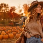 A stylish young woman as the clear visual centerpiece, standing in a beautiful autumn pumpkin patch while wearing a sophisticated aesthetic fall outfit — layered neutral-toned knit sweater, tailored coat, straight-leg trousers, ankle boots, and subtle seasonal accessories. Medium close-up fashion photography, pumpkins softly surrounding the lower frame, warm amber and muted orange autumn foliage in the background, polished contemporary editorial styling, natural skin texture, premium fabric detail, soft diffused afternoon light, realistic shallow depth of field, balanced earthy color palette, clean negative space on the left side for website headline and CTA, sophisticated lifestyle-magazine aesthetic, ultra-realistic, high-end fashion photography, cinematic 16:9 website hero composition, no text, logos, watermark, or clutter.