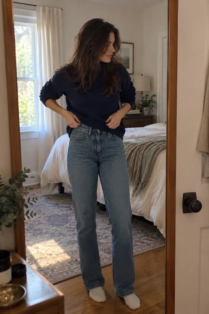 Overhead candid flat lay photo on a wooden floor, navy sweater, folded medium-wash jeans, white sneakers, and a small leather crossbody bag arranged naturally as if just laid out to get dressed, soft natural window light, realistic phone photography, no text overlays