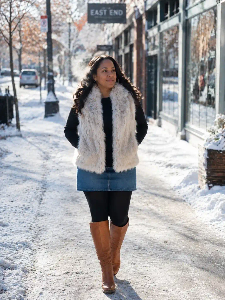Skirt with tall boots and a faux fur vest