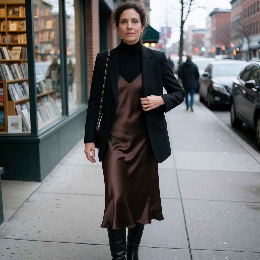 Slip dress with a turtleneck and blazer