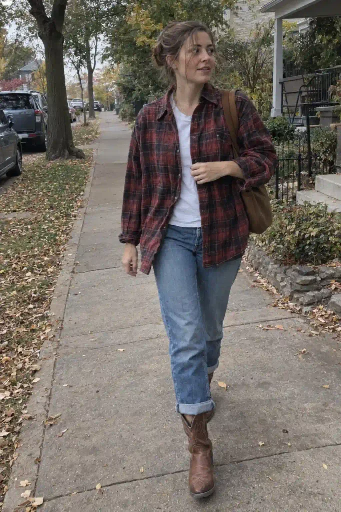 Straight-leg jeans and an oversized flannel