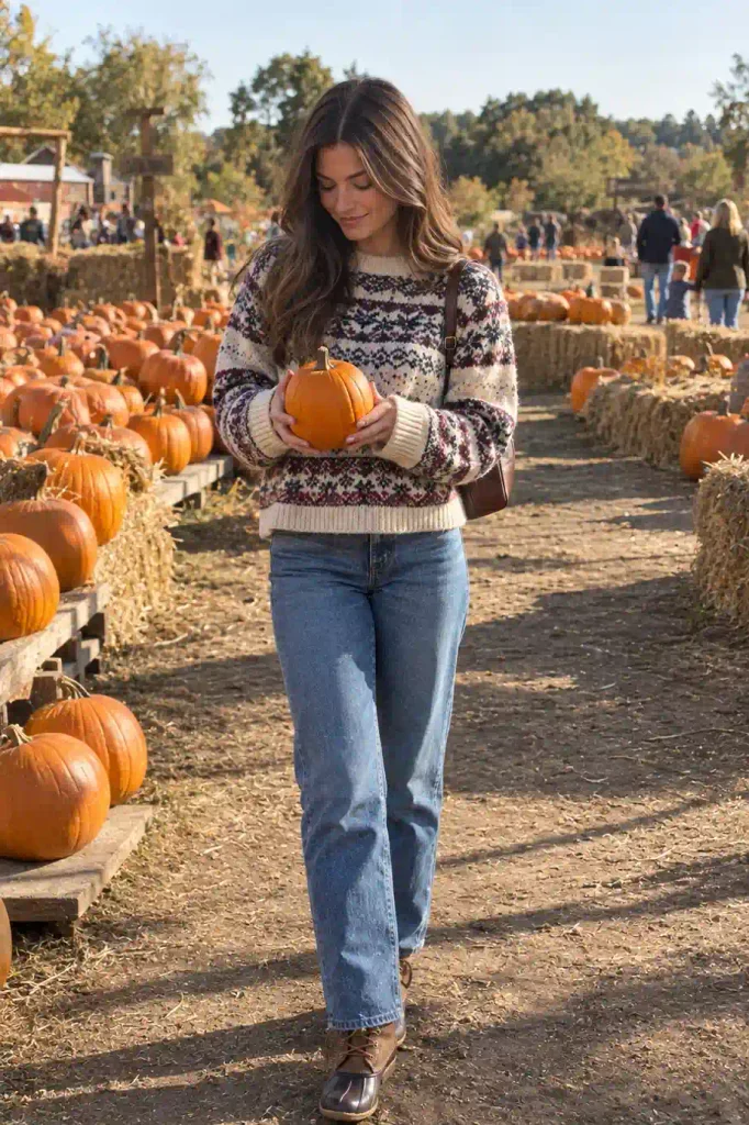 Straight-leg jeans with a fair isle sweater and duck boots