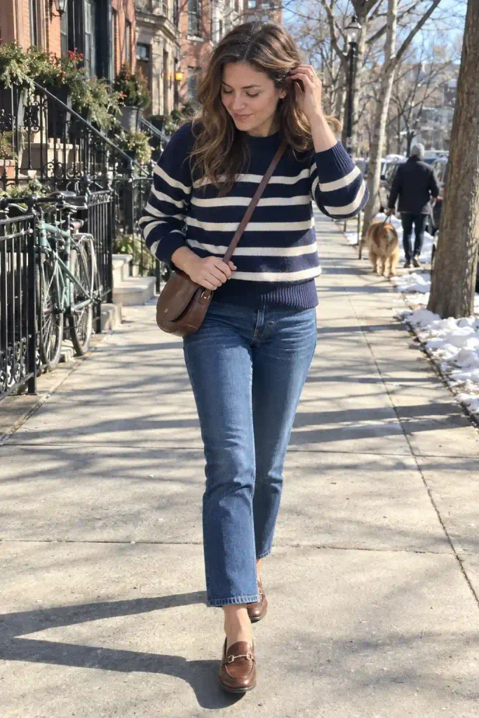 Striped sweater with cropped jeans
