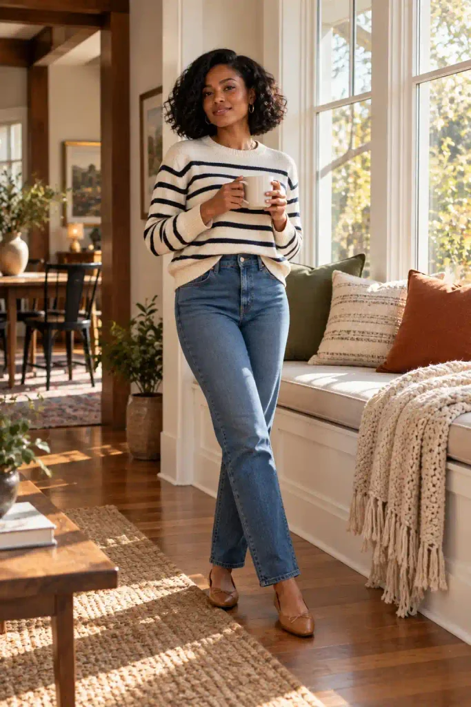 Striped sweater with straight-leg jeans