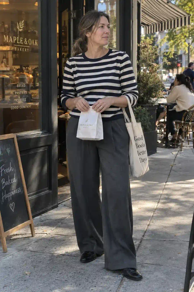 Striped sweater with wide-leg trousers