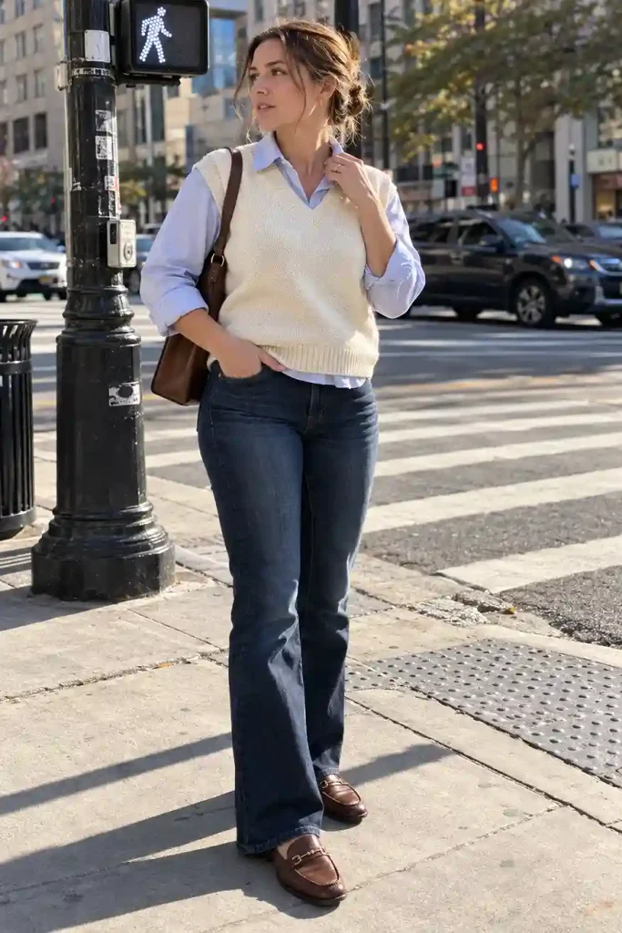 Sweater vest over a collared shirt
