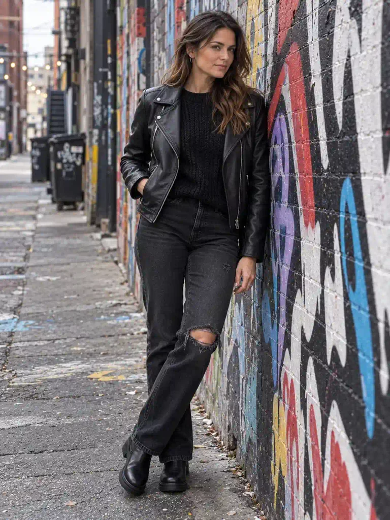 Sweater with a leather jacket