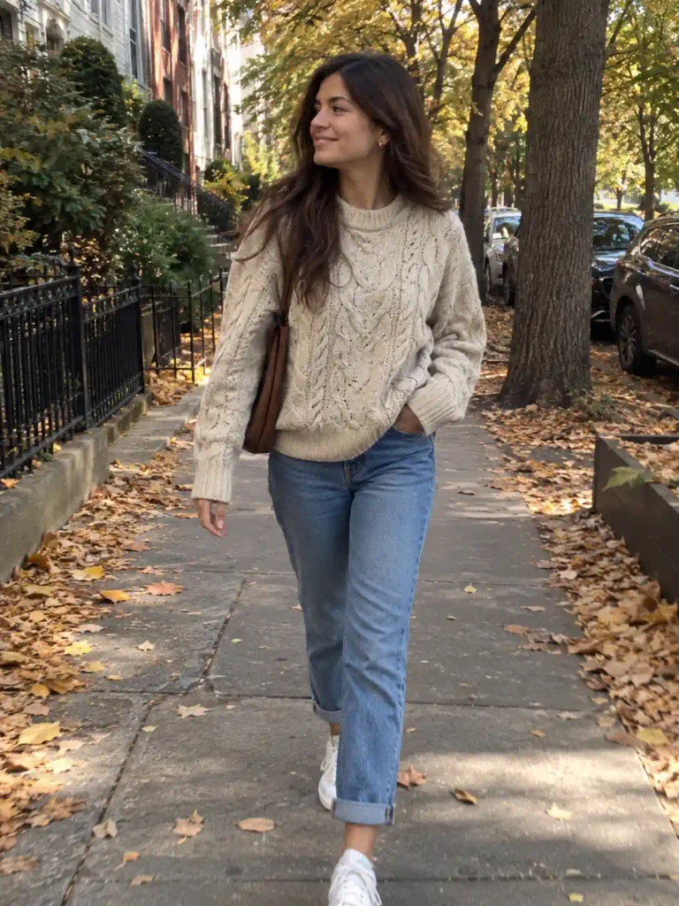 The chunky knit and straight-leg jean combo