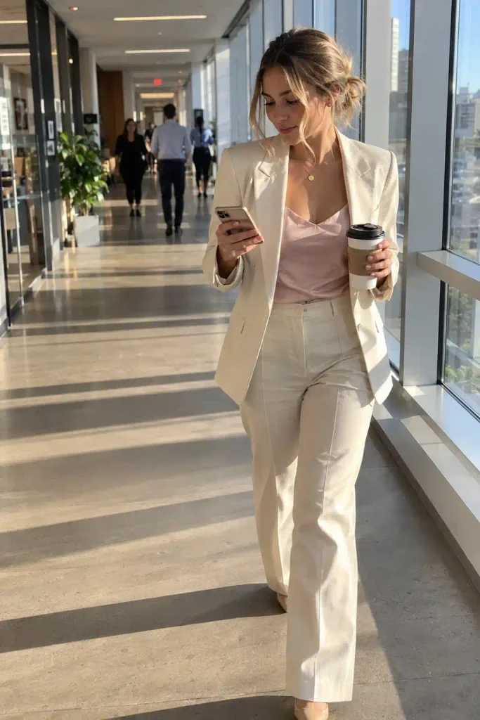 The cream blazer, pink camisole combo