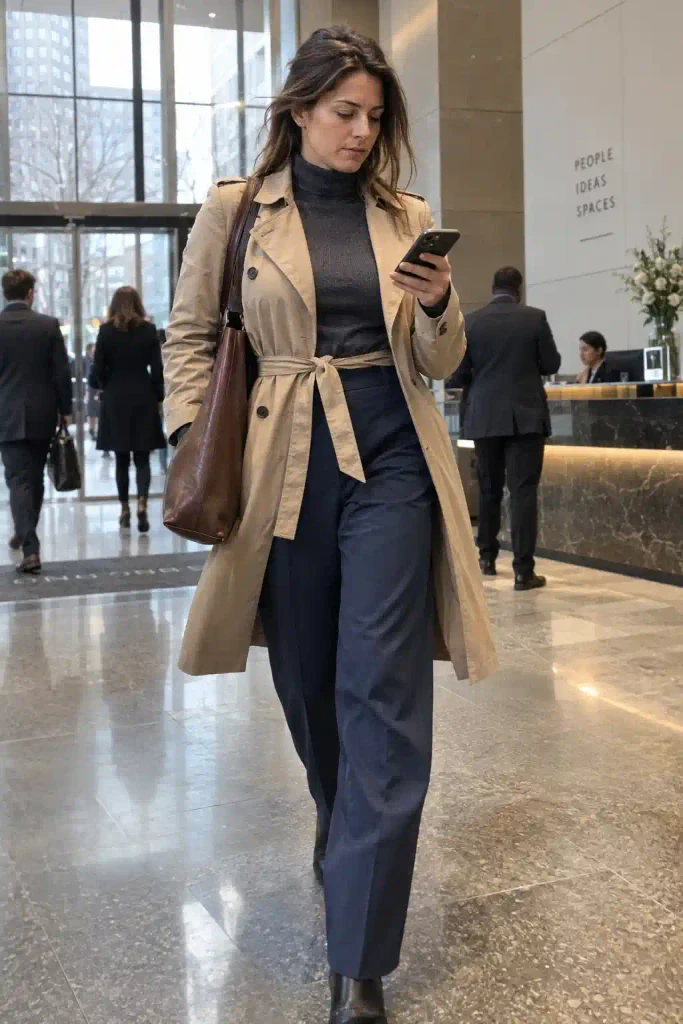 Trench coat over a blazer and
