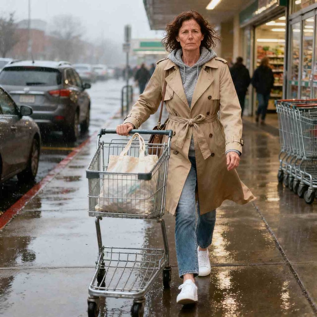 Trench coat over a sweatshirt