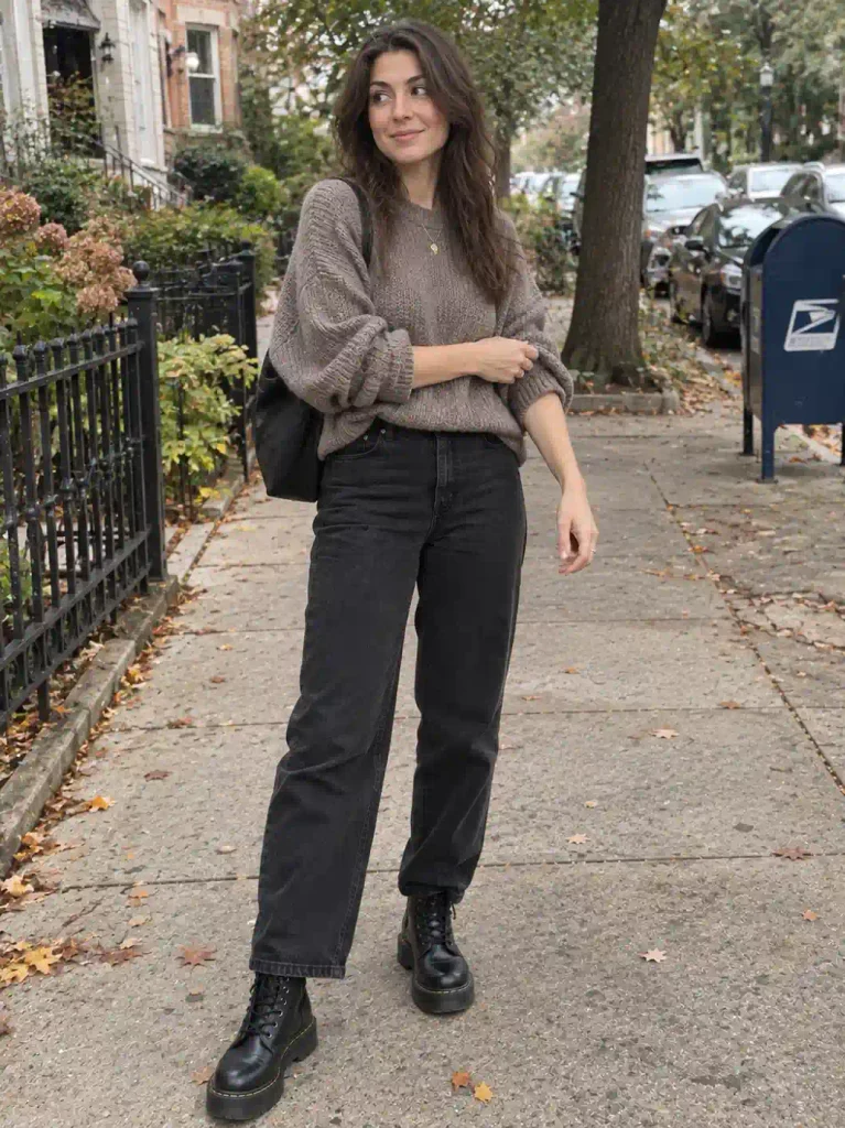 An American woman with a natural, relaxed build walks away from the camera at a slight angle down a sunlit sidewalk, glancing back over her shoulder mid-laugh, her black jeans and cream sweater catching soft natural creasing in the movement. Her sneakers are mid-step, one slightly blurred from motion. Her hair moves naturally in the breeze, a few strands across her face. The moment feels spontaneous, like a friend caught her laughing at something just said. Warm late-afternoon light casts a golden glow across the scene, with natural shadows stretching along the pavement. Background shows a softly blurred tree-lined street and a distant figure walking a dog. Shot as a candid, slightly imperfect iPhone photo, natural grain, off-center framing, no studio polish.