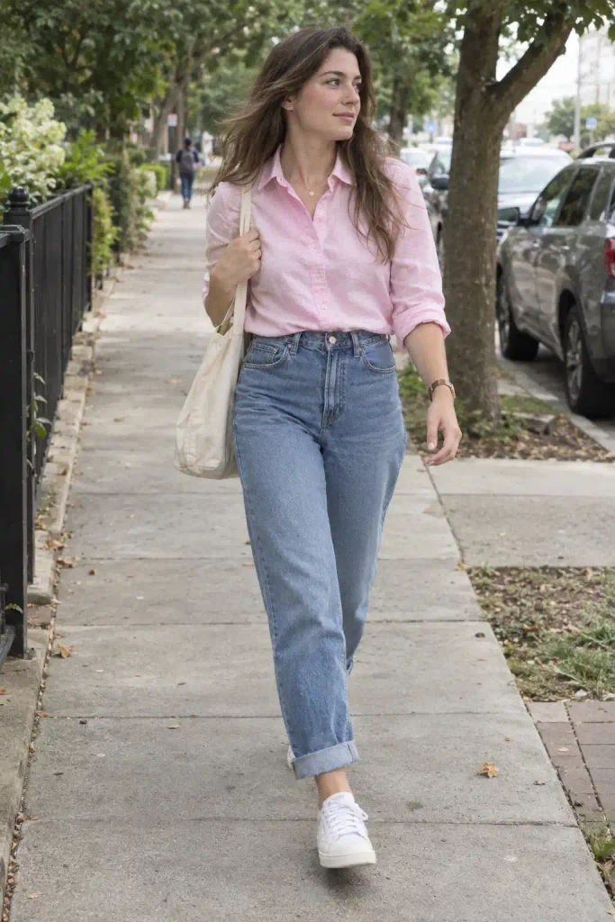 Tucked into high-waisted mom jeans