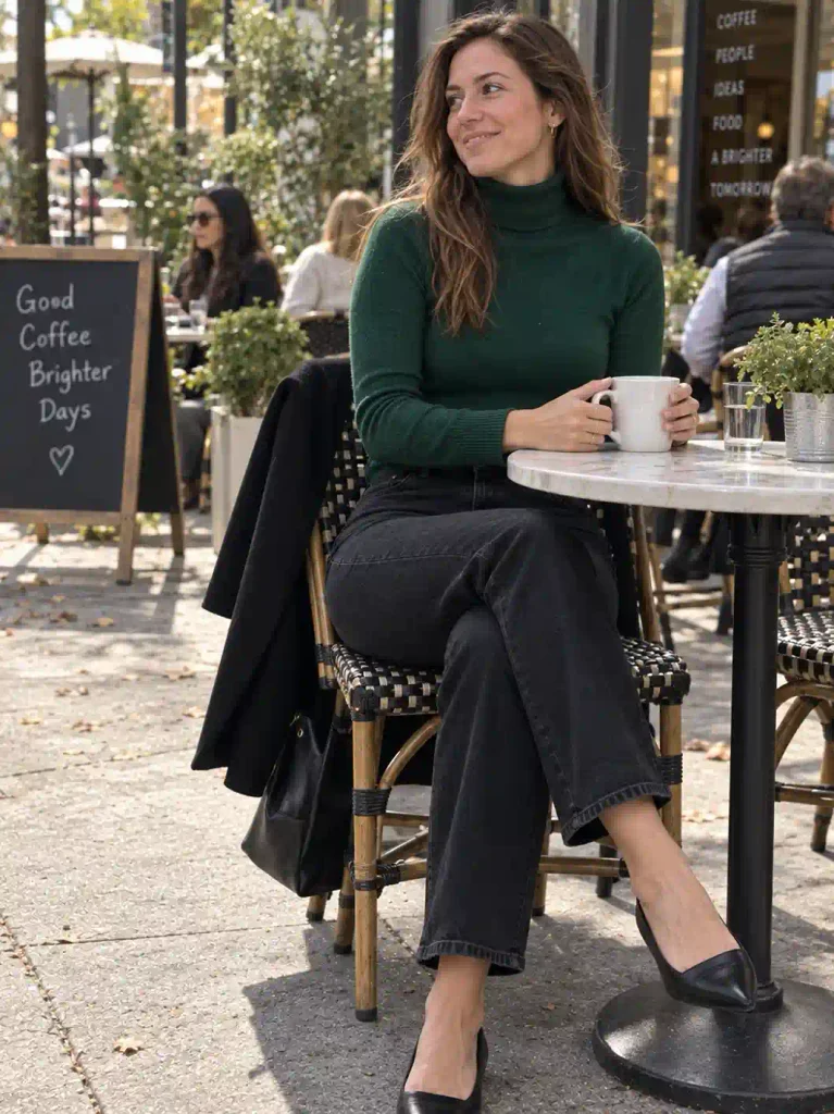 Turtleneck in deep green with tailored