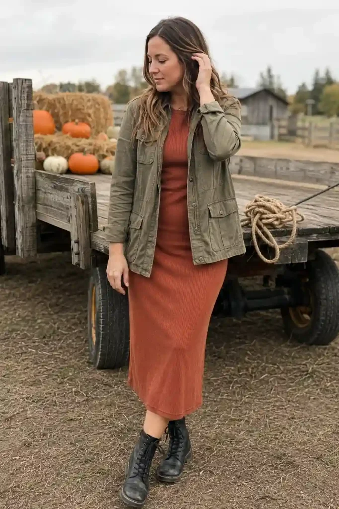 Utility jacket with a midi dress