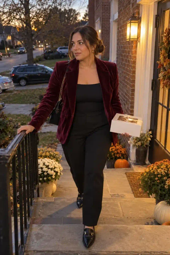 Velvet blazer with black trousers