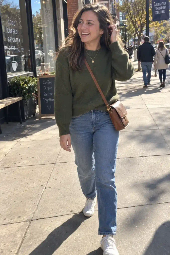 Why jeans and a green sweater
