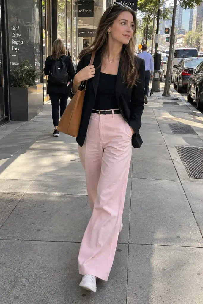 Why light pink wide leg pants actually work for work