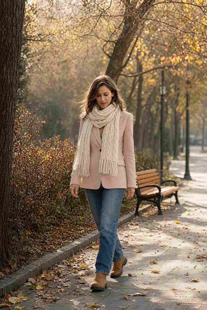With a chunky scarf