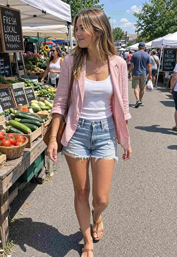 With denim shorts and