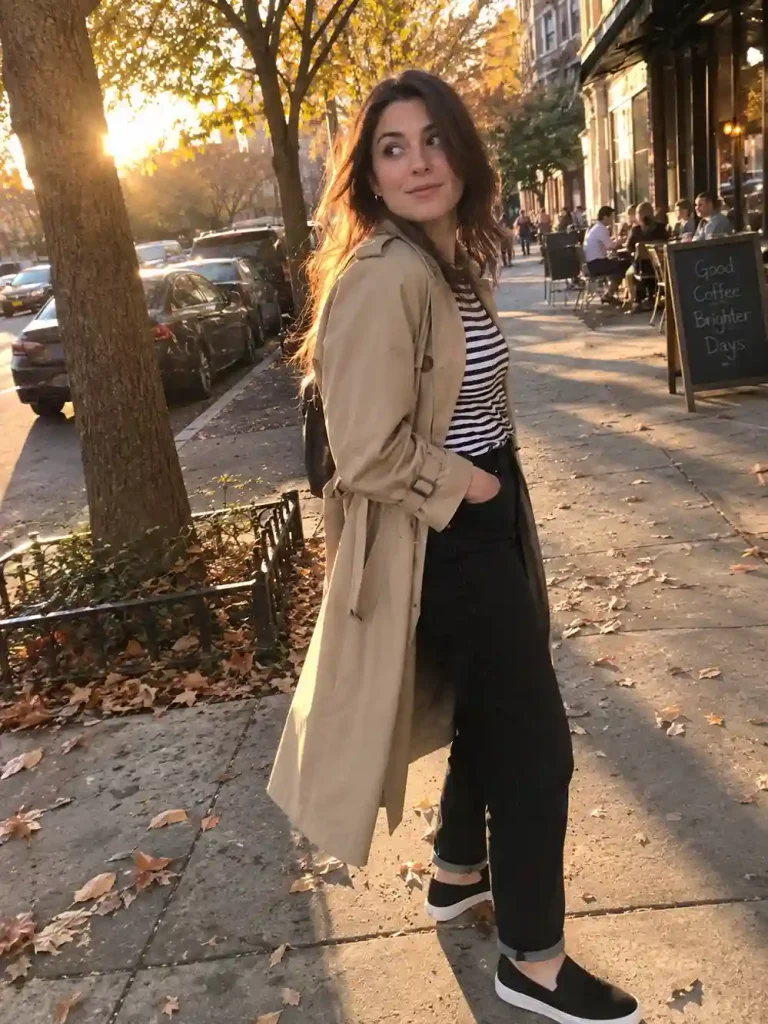 A natural-bodied woman walks through a park path wearing cuffed black jeans that fold naturally at the ankle above black combat boots with visible scuffing and worn leather texture at the toe. An oversized flannel shirt in a muted red and black plaid hangs loosely over her shoulders, sleeves slightly pushed up, with real fabric wrinkles gathering at the elbows. Her hands are in her jean pockets, shoulders relaxed, mid-step with one boot lifted slightly off the ground. Her hair has natural movement from the outdoor air, a few loose strands across her forehead. Bright midday sun filters through overhead tree branches, creating dappled natural light and soft shadow patterns on the path and her clothing. Background shows a blurred park bench and distant joggers. Candid, slightly imperfect iPhone framing, natural grain, no studio polish.