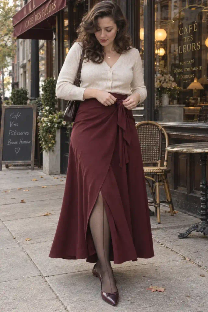 10. Wrap maxi skirt with seamed tights and pointed flats