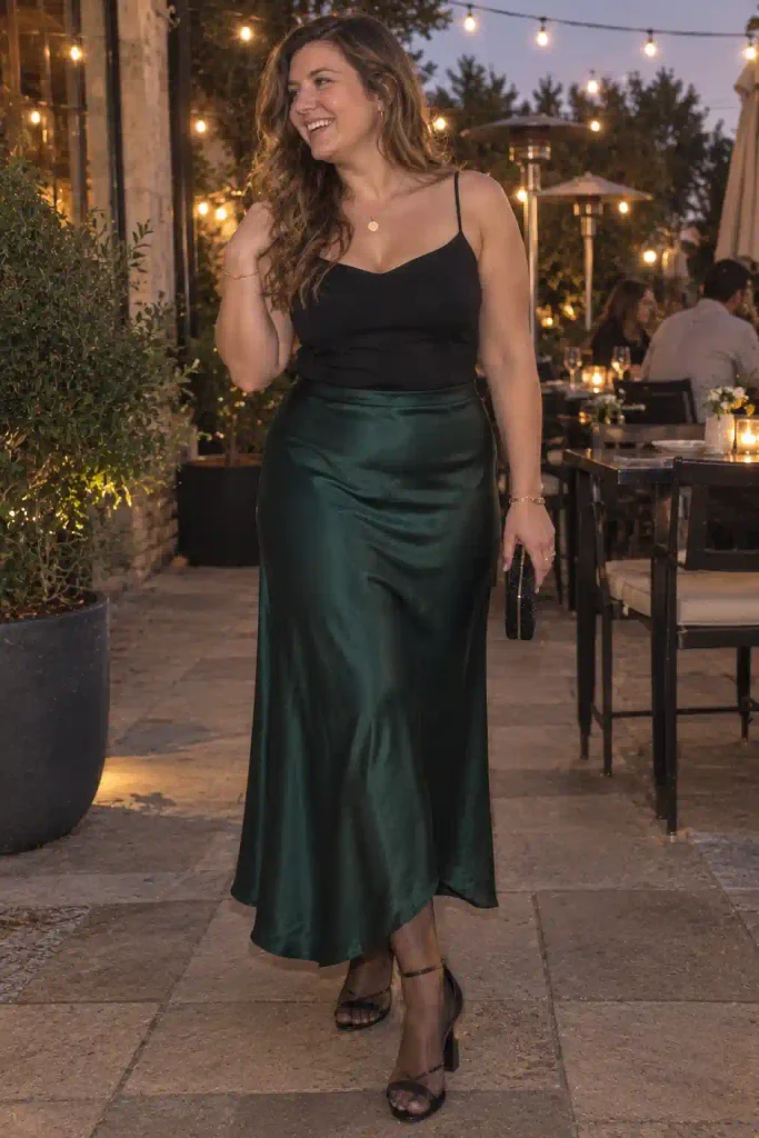 12. Satin or silky long skirt with subtle sheen tights
