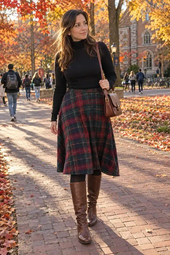 Turtleneck and plaid skirt