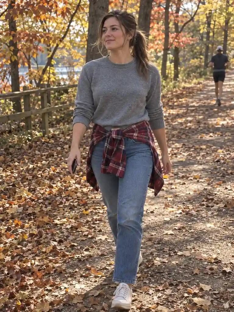 nnel shirt tied around the waist over a sweater and je
