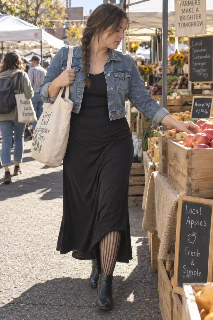 Long skirt with vertical stripe tights