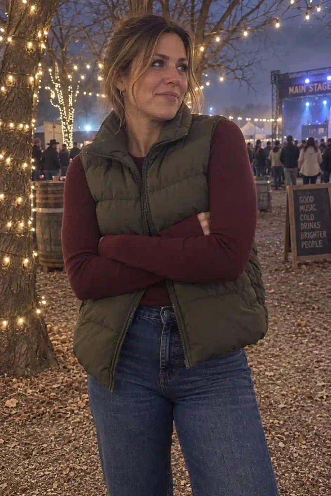 puffer vest over a long-