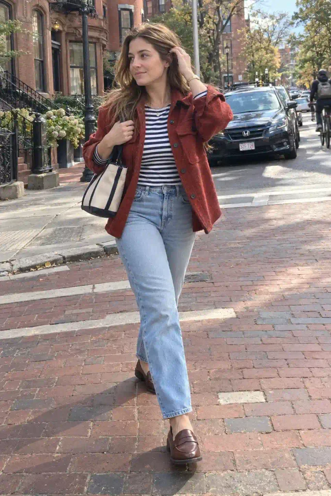 shacket with a striped Breton top