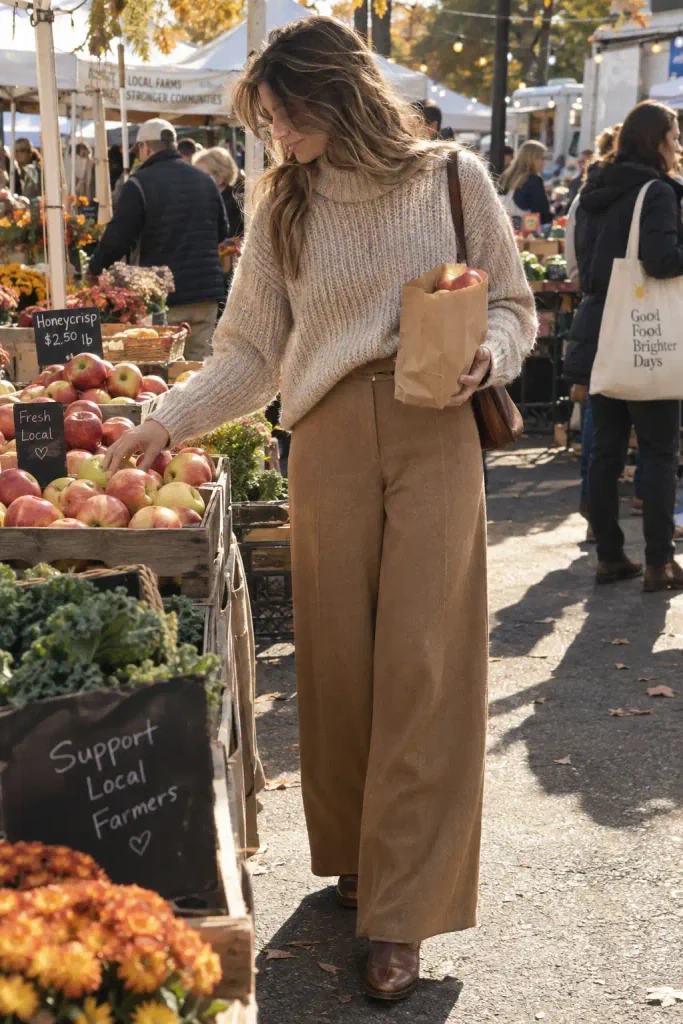 slouchy sweater tucked into wide-leg trousers