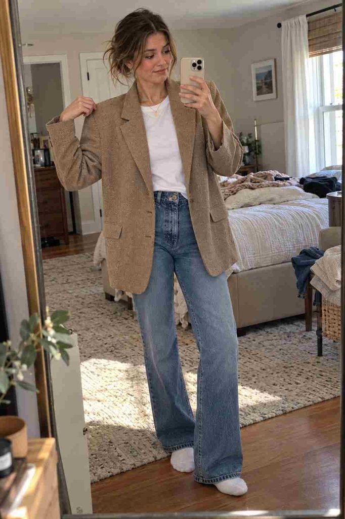 styling a tan sweater blazer