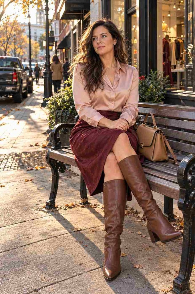 urgundy suede skirt with a