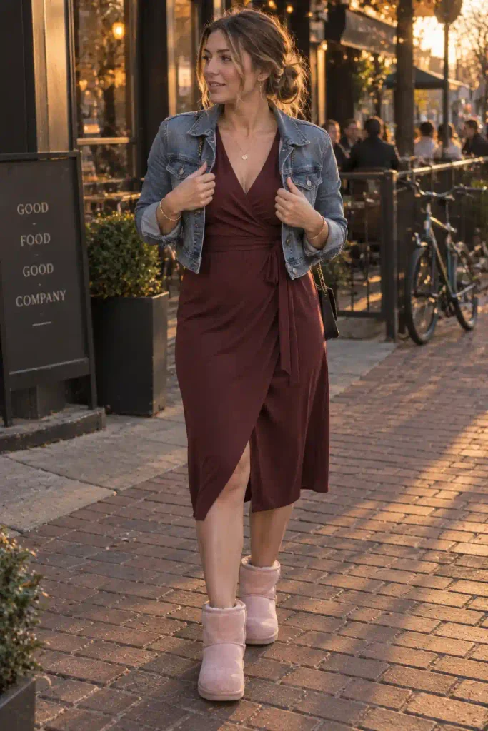 wrap dress in a deep burgundy or