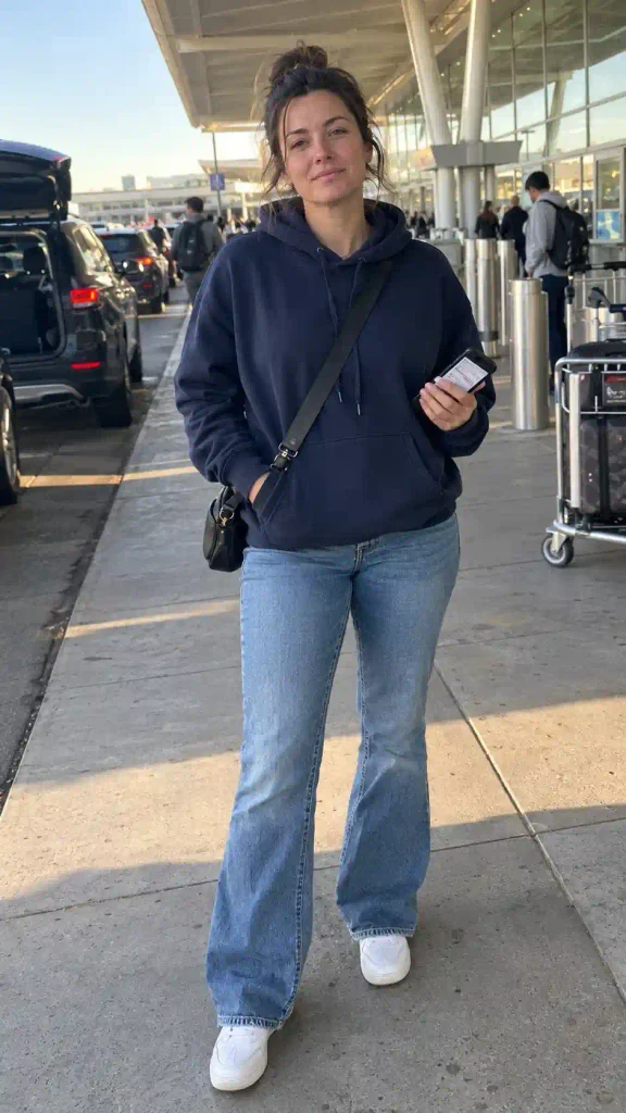 4. Navy hoodie with medium wash flares