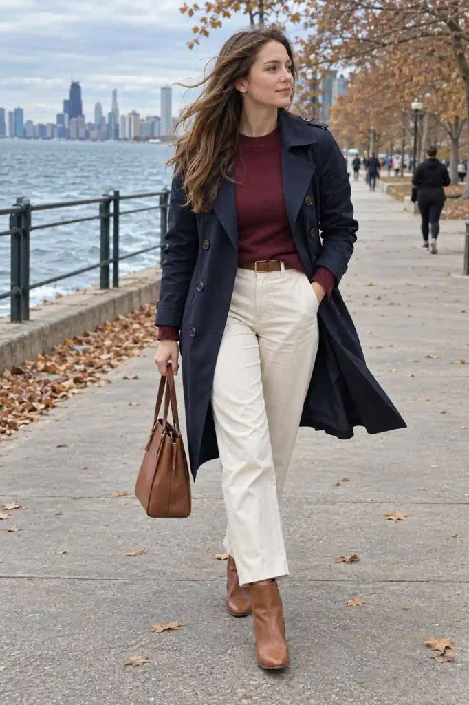 9. Navy trench with burgundy knit and cream trousers