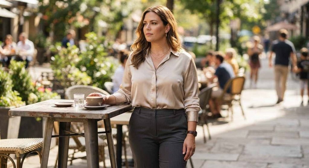  A satin blouse with tailored trousers