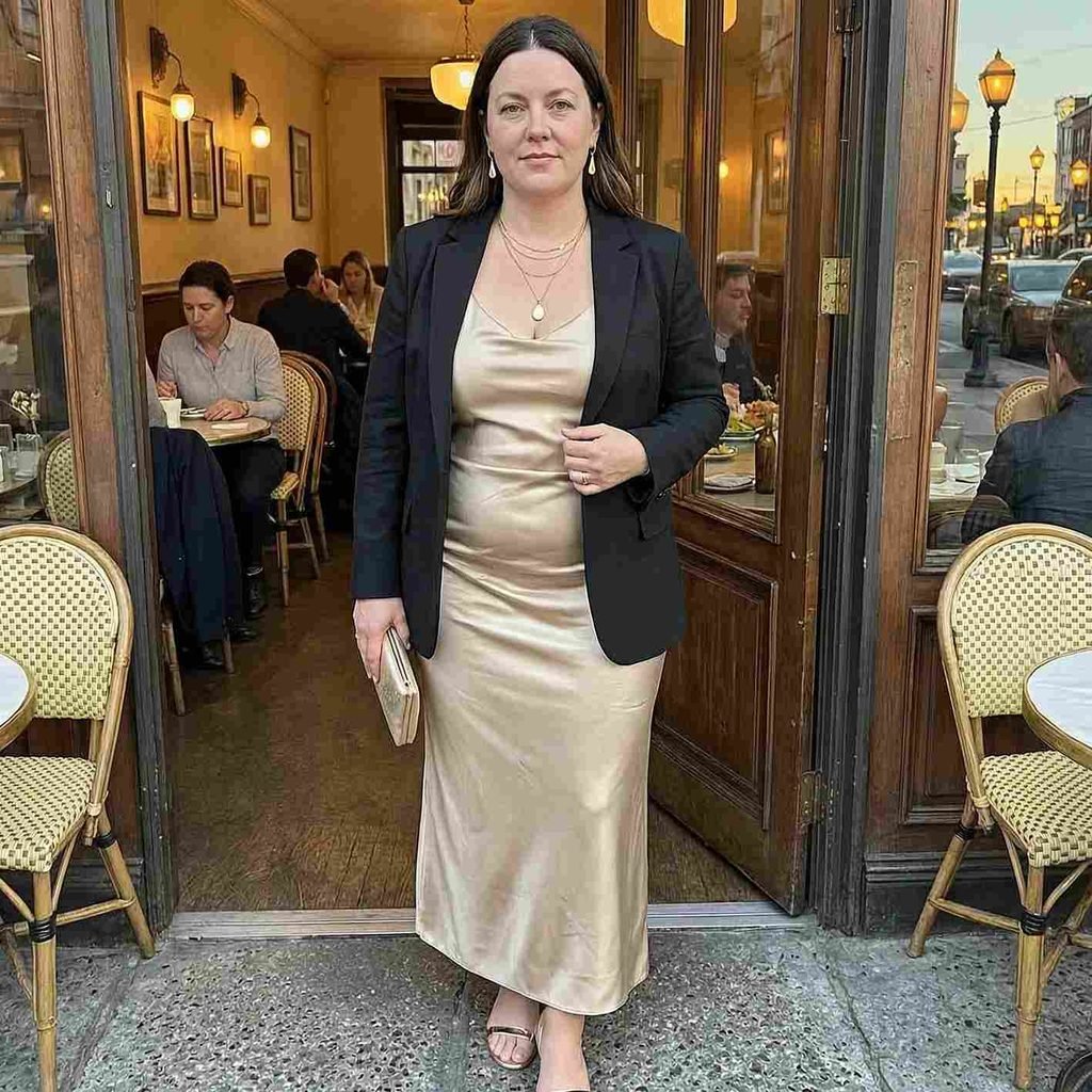  A satin slip dress with a blazer