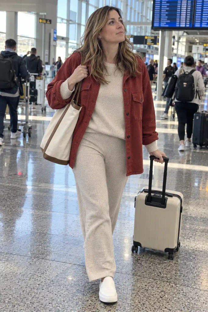 Brick red shacket over oatmeal knit set with white sneakers.