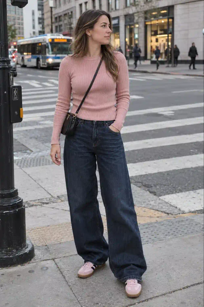 Baggy dark wash jeans with a fitted knit top