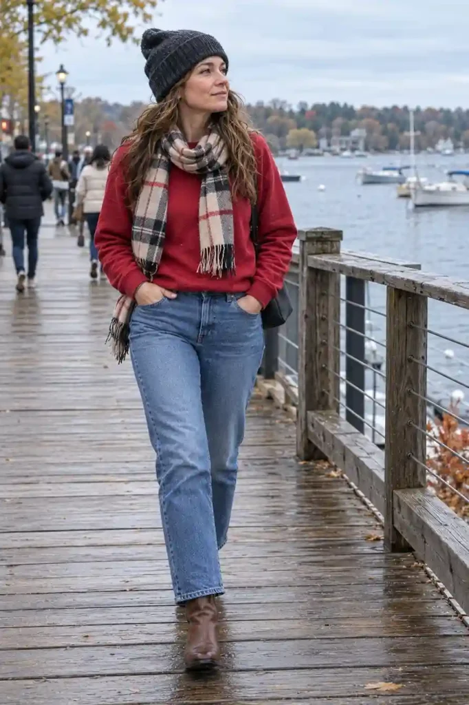 Beanie and plaid scarf