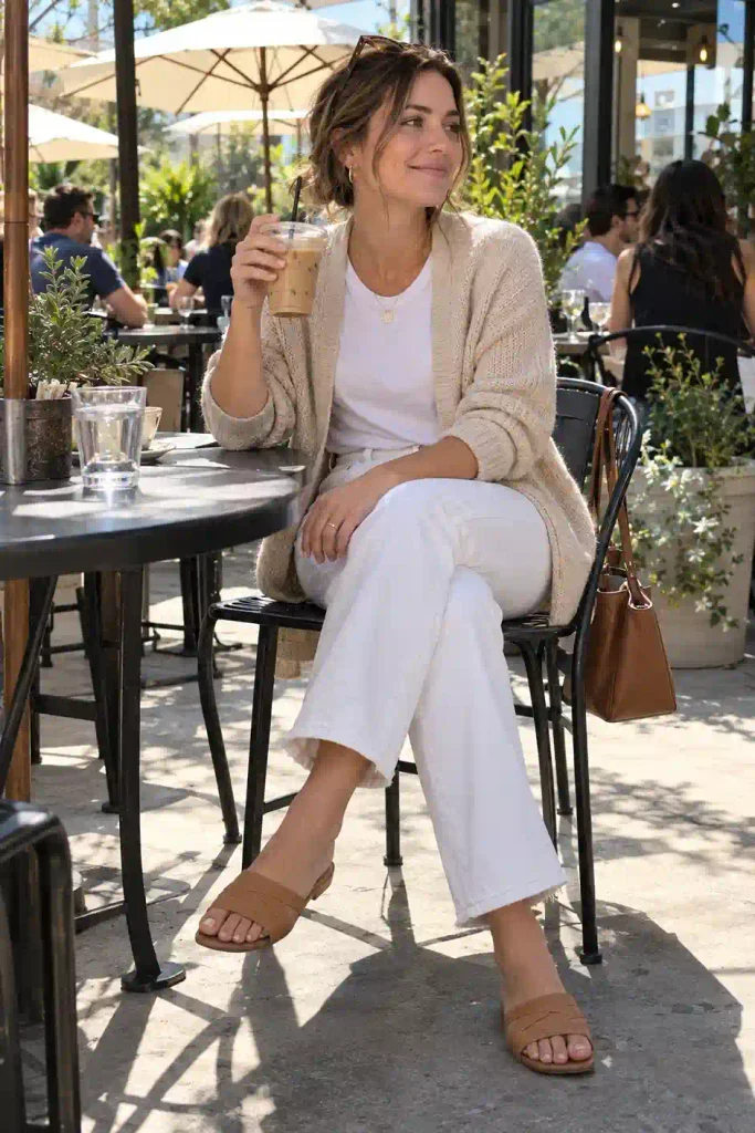 Beige cardigan with white jeans