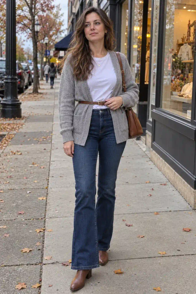 Belted gray cardigan with a tucked