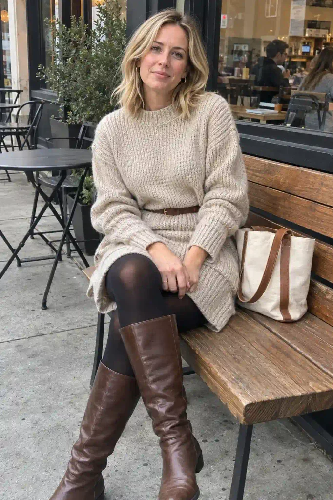 Belted sweater dress with tall boots